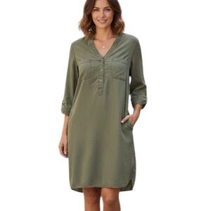 Chambrai Los Angeles Women’s Green V-Neck Shirt Dress XS Knee Length 3/4 Sleeve